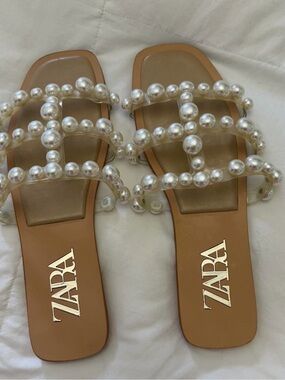 Zara Tan Slide Sandals with Pearl-Strap Detail